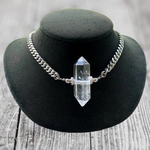 Big Double point crystal . Natural stone crystals boho stainless steel chain